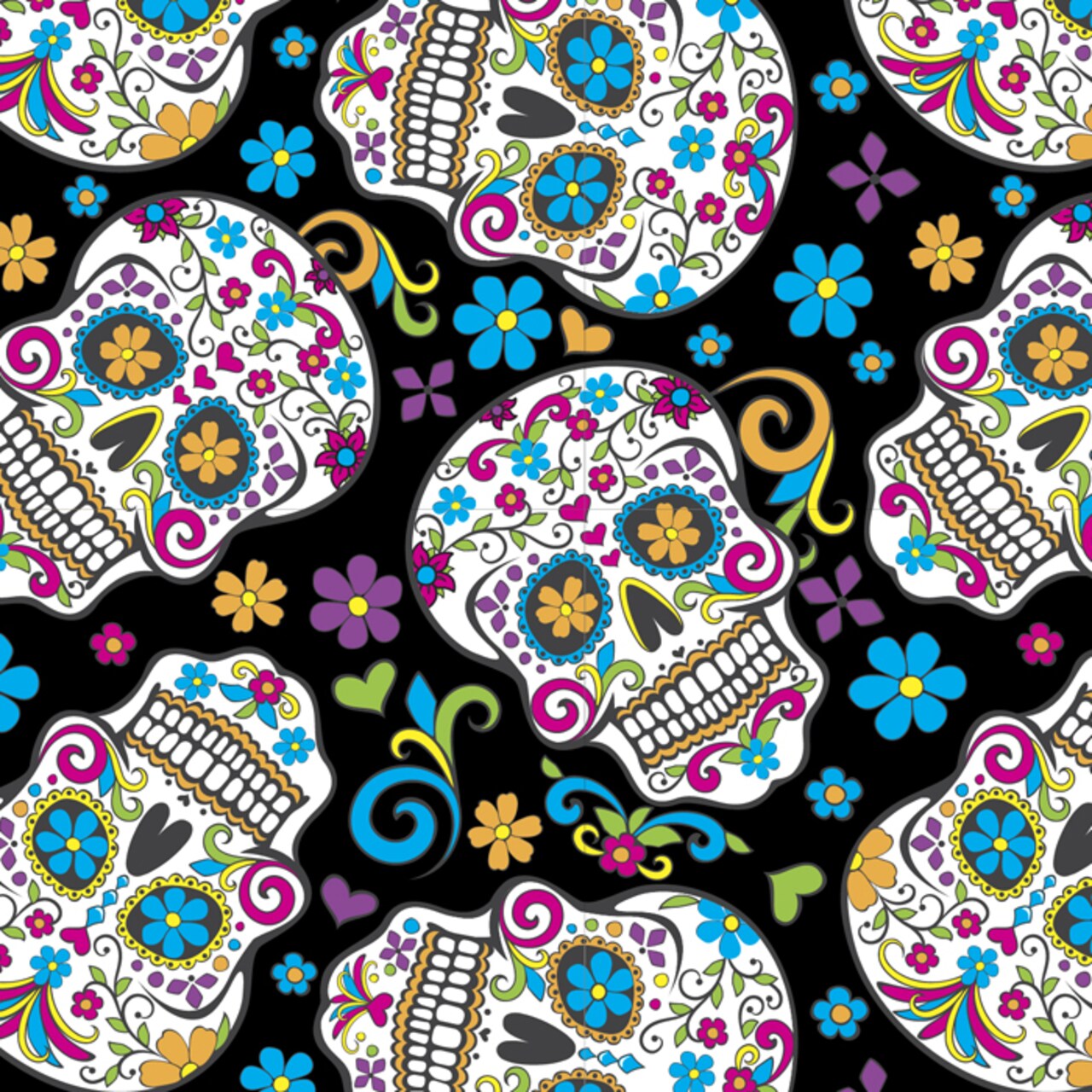 Folkloric Sugar Skulls Black Cotton Fabric | By the Yard | Sewing and Crafting | 44 inches wide